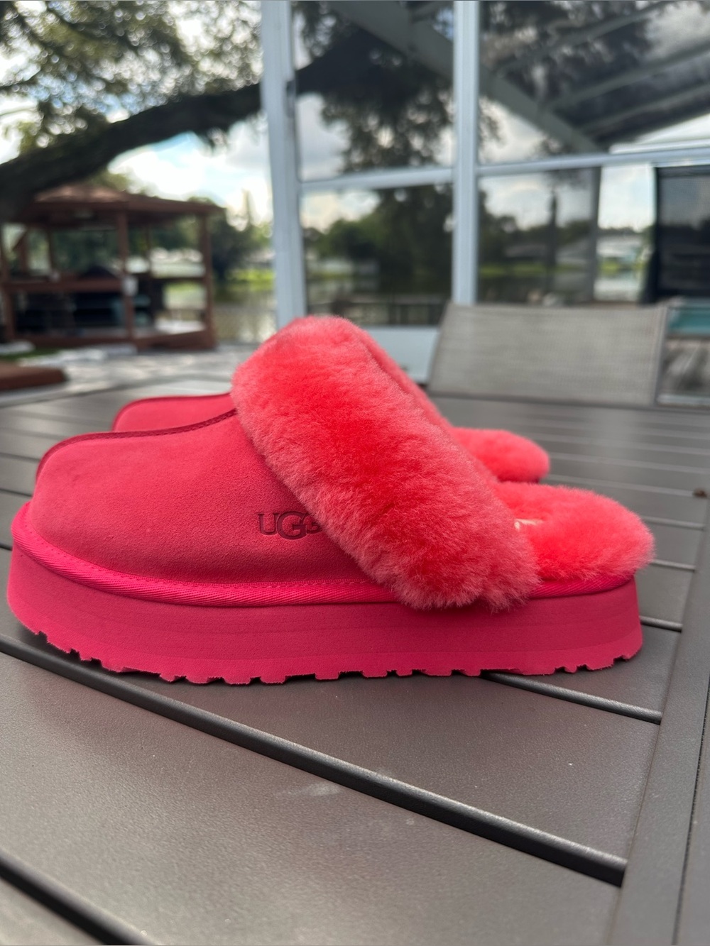 UGG Women’s Pink Fluff Platform Slide - Cozy Faux Fur Mule